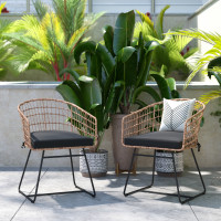 Flash Furniture TW-VN015-15-NAT-GG Devon Set of 2 Indoor/Outdoor Patio Boho Club Chairs, Rope with Natural PE Wicker Rattan, Black Cushions and Sled Base